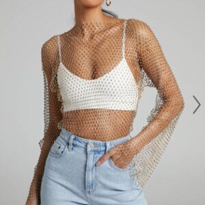 NWT Showpo Diamante Mesh Long Sleeve Top in Gold